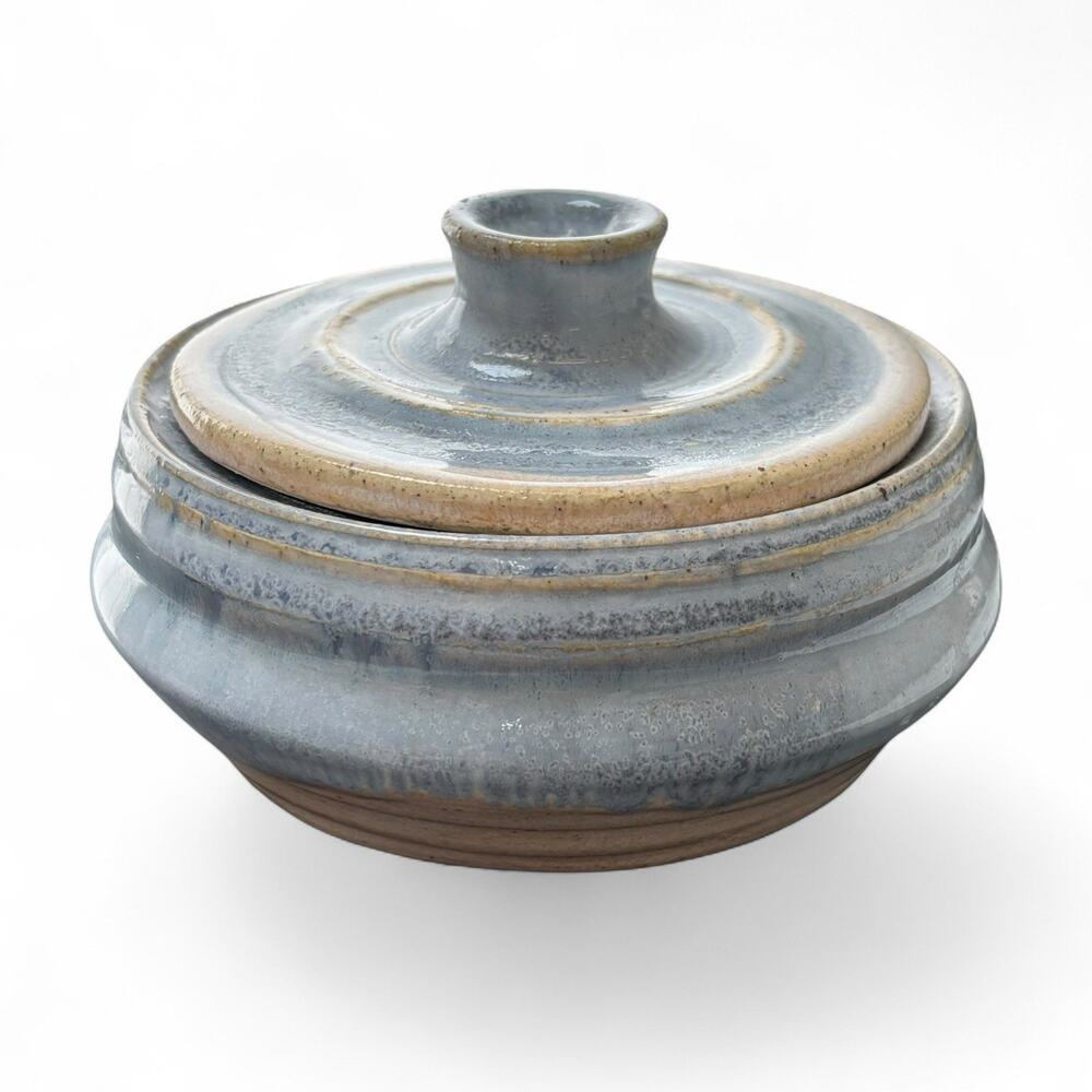 Studio Art Pottery Lidded Bowl Blue Gray Drip Glaze Signed Pottery by Jodie 5" W